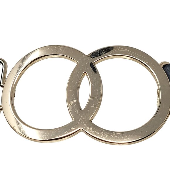 Womens Ruched Gathered Vegan Faux Leather Stretch Belt Sz XL Black Gold Buckle - Picture 2 of 8